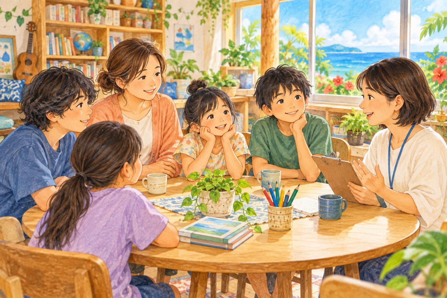 明るい学びの居場所で、こどもたちと保護者、スタッフが丸いテーブルを囲み、穏やかに話し合うイラスト